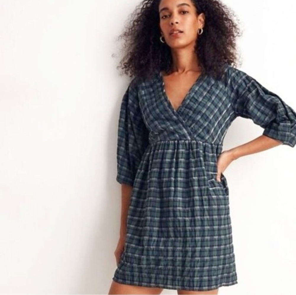 NWT Madewell Dress XXS Plaid Cotton V-Neck Empire Waist Green Blue Surplice